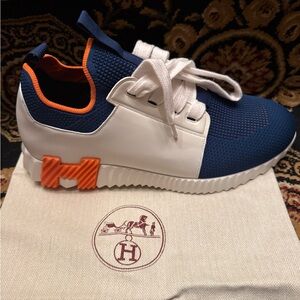 HERMES - Blue and White Sneakers with Orange Accents